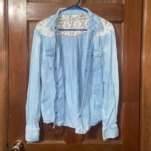 Mudd Jean Button Up Shirt. Size medium. Color light blue with some cream lace.